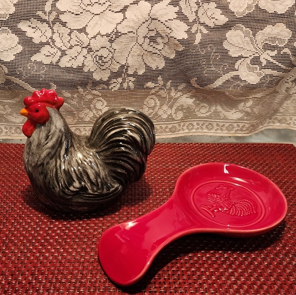 Cracker Barrel Kitchen Ceramic Rooster Scrubby Holder And Spoon